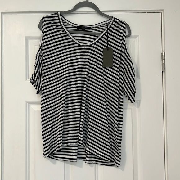 NWT All Saints Harper Stripe Cold Shoulder Tee Chalk/Ink Blue - XS - Picture 1 of 9